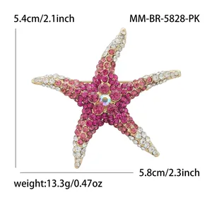Tropical style pink and white crystal starfish brooch pin with gold alloy base