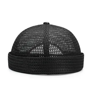 Adjustable black mesh docker cap with breathable grid design for summer streetwear