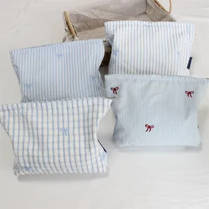 Bow Embroidery Striped Plaid Makeup Bag Cotton Canvas Portable Cosmetic Pouch Travel Storage Organizer For Women