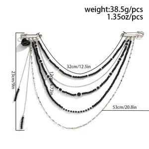 Detail view of multi-layer black bead and silver chain brooch with size dimensions