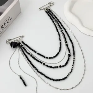 Hip-hop layered tassel chain brooch with black beads and silver heart pendant pins