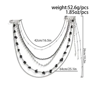 Detail of multilayer punk chain brooch with black stones and silver pins showing dimensions