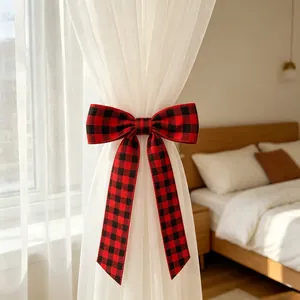 Red and black buffalo plaid Christmas ribbon bow for curtains and tree decorations