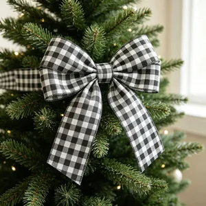 Classic black and white buffalo plaid Christmas tree topper bow with wired edges