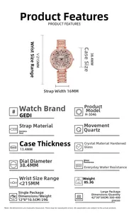 Détails techniques de la montre de luxe or rose avec strass et boîtier acier 38,4 mm