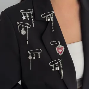 Alloy Iron Rhinestone Imitation Artificial Pearl Safety Pin Brooch Set Heart Moon Cross Sun Star Pendants For Women Suit Decoration