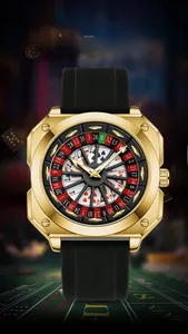 Close-up of golden roulette-themed men's watch with poker dial and black silicone strap