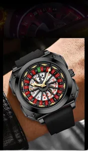 Detail of creative rotating roulette dial on black quartz watch with silicone strap