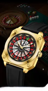 Close-up of golden square watch with 360-degree rotating gambling theme poker dial