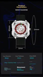 Detailed specs of the casino roulette watch with quartz movement and rubber strap