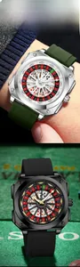 Detail view of casino roulette theme watch dial with poker patterns and silicone strap