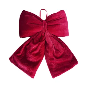 Velvet burgundy oversized Christmas tree bow ornament with hanging loop for party decor