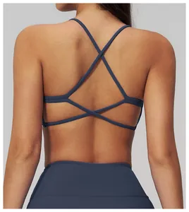 Dettaglio del retro incrociato multicinghia su un reggiseno sportivo blu scuro