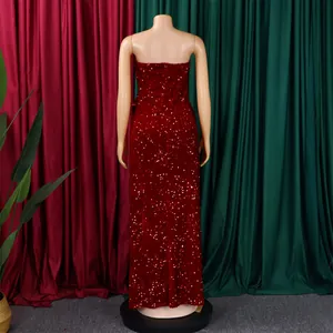 Detail of red sequined floor-length evening dress showing the slim fit back and texture