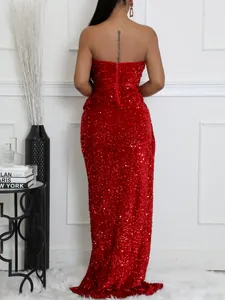Elegant red sequin off-shoulder evening gown with slim fit and full length hemline
