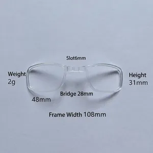 Detailed dimensions of transparent tactical eyewear frame with 2g lightweight design