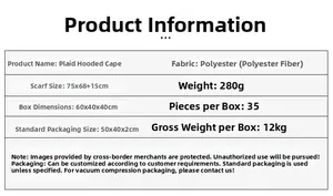 Detailed size and material chart for plaid hooded poncho wrap with fringe trim