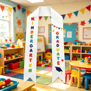 White satin kindergarten graduation sash with colorful print and school background