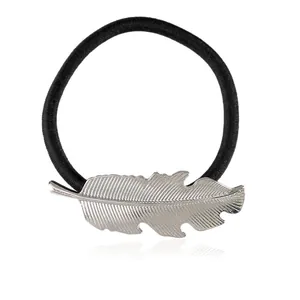 Classic silver alloy leaf charm hair tie with durable black elastic band for women