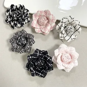 Vintage Tweed Fabric Camellia Flower Brooch Pin For Women French Style Houndstooth Floral Corsage Hair Clip Accessory Jewelry