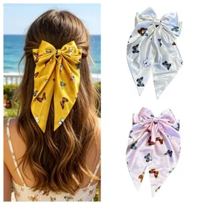 Pince à Cheveux Élégante en Tissu avec Imprimé Papillon Coloré et Grand Nœud avec Longs Rubans pour Femmes