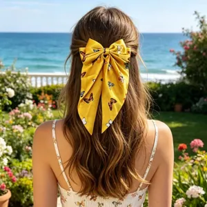Barrette à cheveux élégante en satin jaune avec imprimé papillon pour l'été