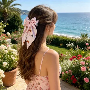 Nœud à cheveux élégant en soie rose avec imprimé papillon et longs rubans