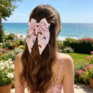 Barrette nœud en satin rose avec imprimé papillons colorés et longs rubans