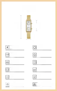 Vue détaillée de la montre rectangulaire pour femme à double cadran avec dimensions exactes
