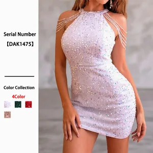 Robe Mini À Paillettes Pour Femmes Dos Nu Moulante Sans Manches Franges De Perles Épaules Scintillante Soirée Glamour