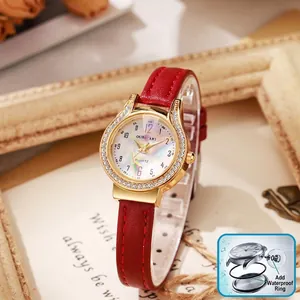 Women Fashion Rainbow Mother Of Artificial Pearl Quartz Watch With Rhinestone Bezel Leather Strap Elegant Niche Luxury Wristwatch