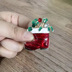Christmas stocking brooch with red enamel and sparkling rhinestones for women