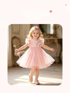 Detail of pink toddler tulle dress featuring colorful rainbow embroidery and ruffle sleeves