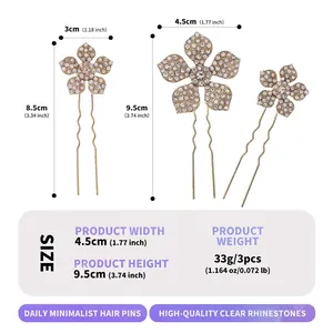 Größentabelle für goldenes Blumen-Haarnadel-Set mit Strasssteinen und Wellendesign