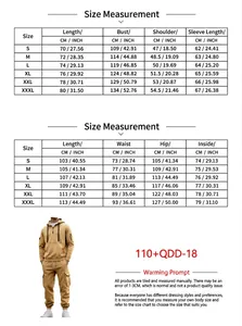 Detailed size chart for men's hooded tracksuit showing jacket and pants measurements
