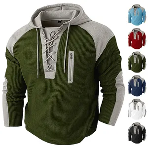 Hoodie Homme En Tricot Gaufre Bloc De Couleur Cordon Manches Longues Pull Sport Décontracté Avec Poche Zippée