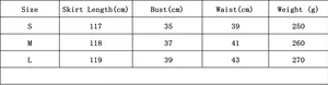 Size chart for French floral slip dress showing length, bust, waist, and weight data