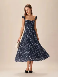 French Vintage Floral Maxi Dress Sleeveless Square Neck High Waist Slim Fit Elegant Summer Polyester