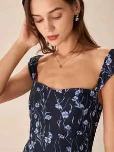 Elegant floral print slim fit camisole dress in navy blue with delicate flowers