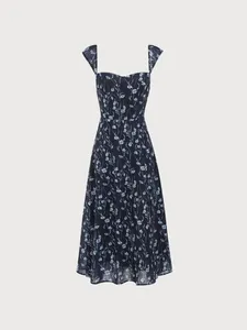 Elegant French floral print midi dress in navy blue with a slim fit and square neckline