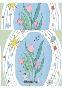 Close-up of original hand-painted pink tulip pattern on the sun umbrella fabric