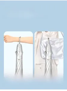 UPF 50+ silver sun umbrella detail showing portable curved handle on wrist and bag