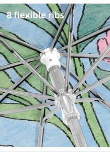 Detail view of 8 tough silver metal ribs and floral print inside the folding umbrella