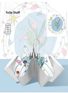 Detail of tulip and music staff prints on UV protection umbrella with silver coating