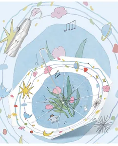 Detail of UV protection umbrella with silver coating, UPF 50 tag, and floral motifs