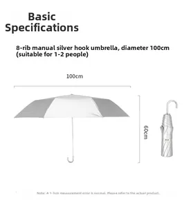 Silver-grey UV sun umbrella with 8-rib frame and U-shaped curved handle, 100cm diameter