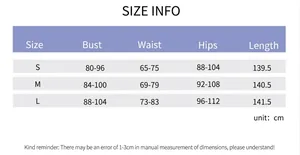 Size chart for women's slim fit dress with bust, waist, and hips measurements in cm