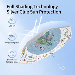 UPF 50+ automatic umbrella with floral graphics and silver coating for UV protection