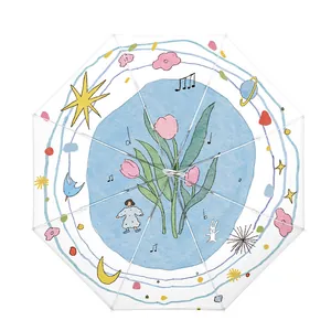 Original artistic sun umbrella with watercolor girl and rabbit illustration on white canopy