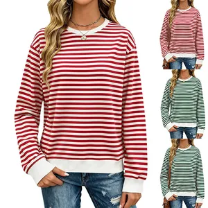 Detail of classic striped long-sleeved sweatshirt with ribbed cuffs and round neck